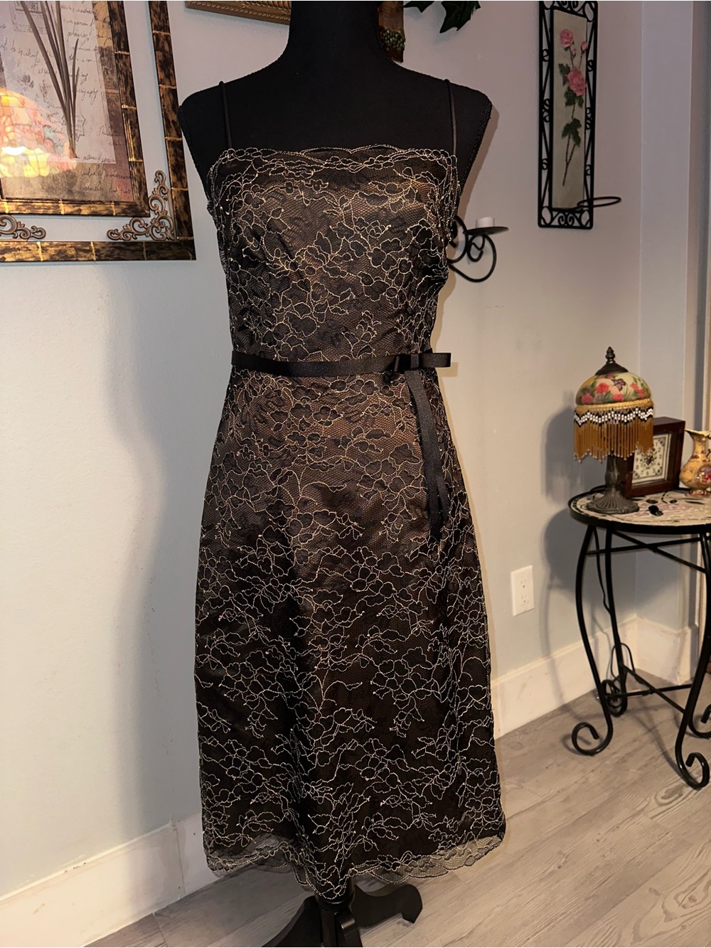 Vintage 90s Laundry by Shelli Segal Black Gold Lace Strappy Midi Dress, Sz 2